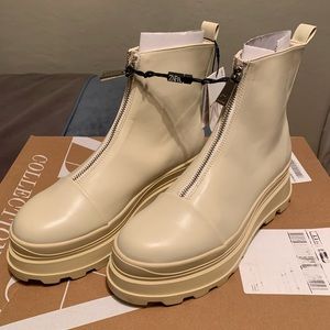 Zara zippered low heel lug sole ankle boot- off white